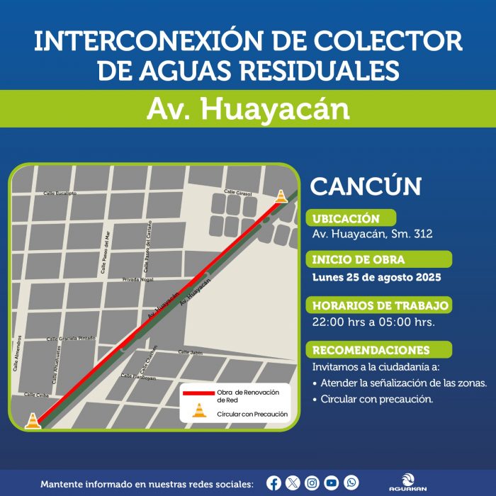Aviso aguakan obras de drenaje huayacan cancún