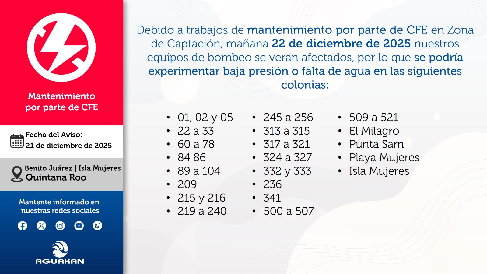 Afectación en el servicio de agua potable en Cancún e Isla Mujeres por trabajos de CFE