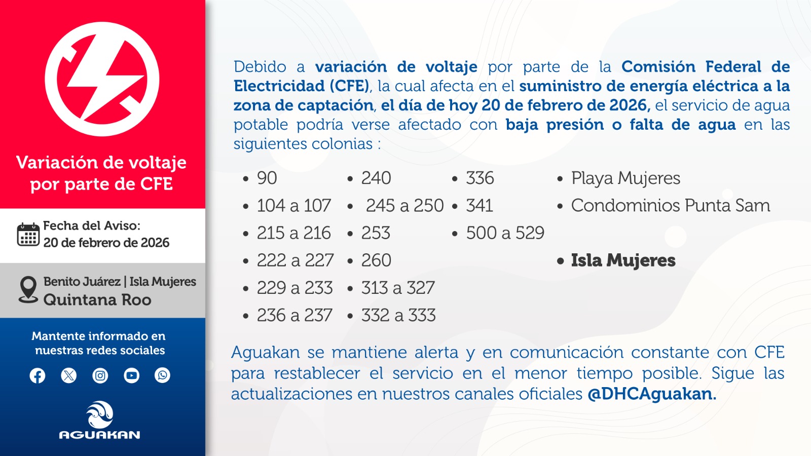 Interrupciones eléctricas generan afectaciones en suministro de agua potable en Cancún e Isla Mujeres