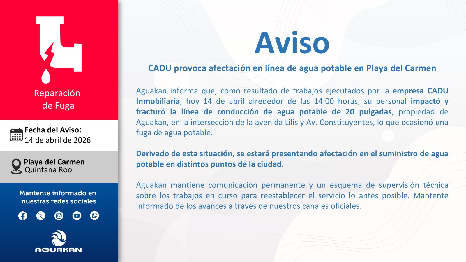 CADU provoca afectación en línea de agua potable en Playa del Carmen