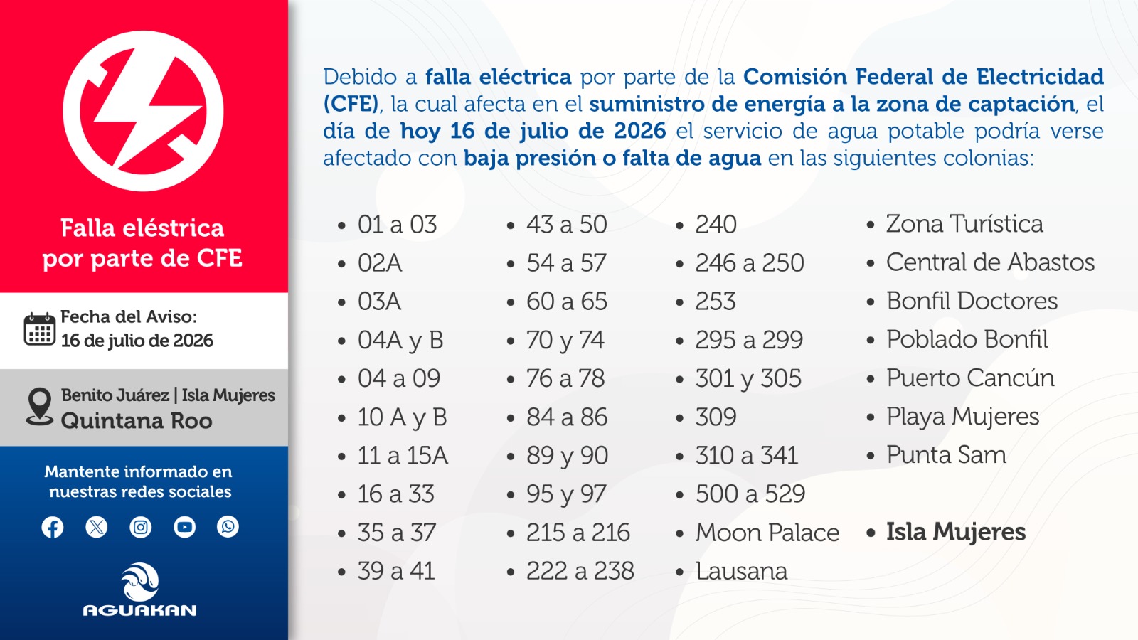 Aguakan informa sobre posibles afectaciones en el servicio de agua potable por parte de CFE en Cancún